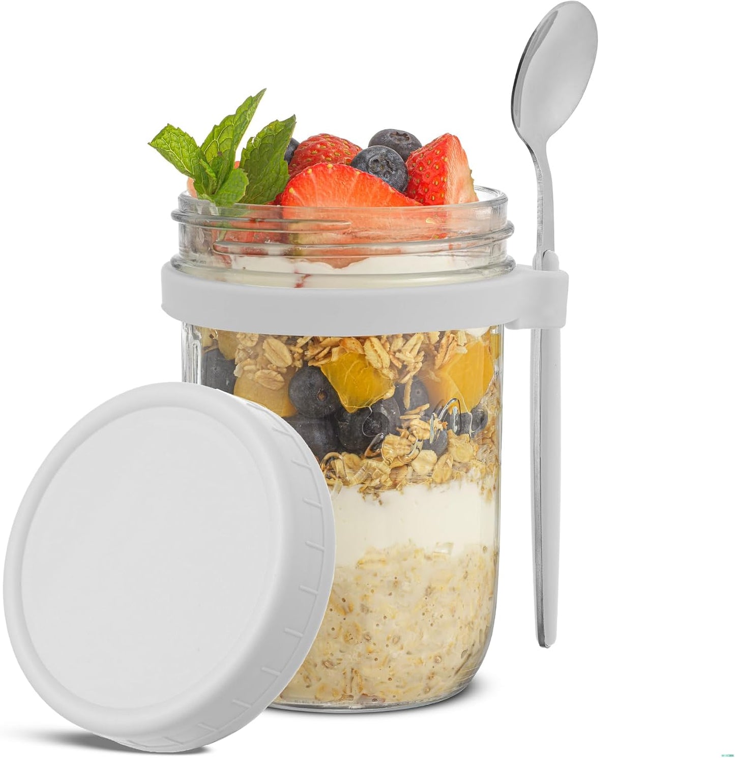 3 Frascos Vidrio Avena Nocturna con Tapas y Cucharas 16oz