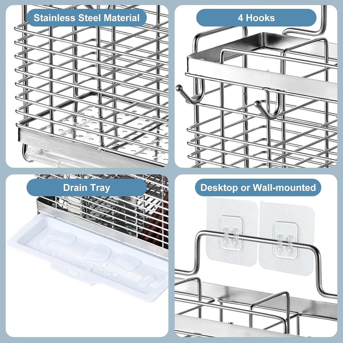 Escurridor acero inox con bandeja drenaje cubiertos cocina