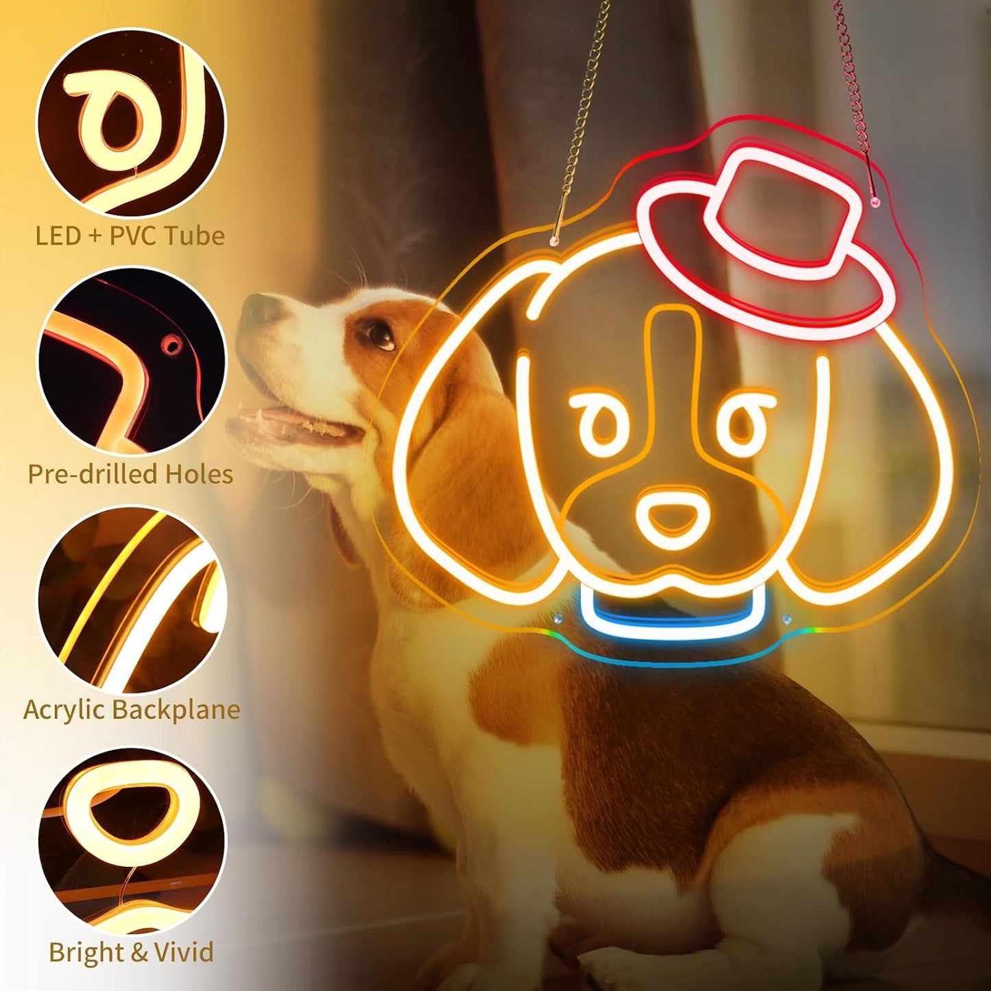 Letrero neón beagle 14x12pulg USB decoración pared dormitorio