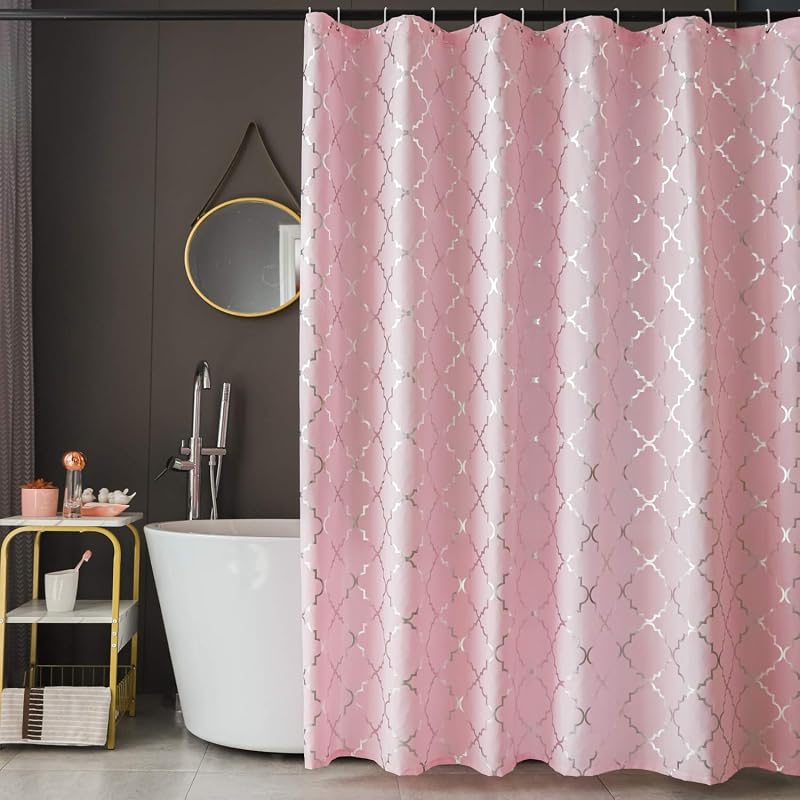 Cortina ducha rosa 72pulg azulejos marroquíes geométricos