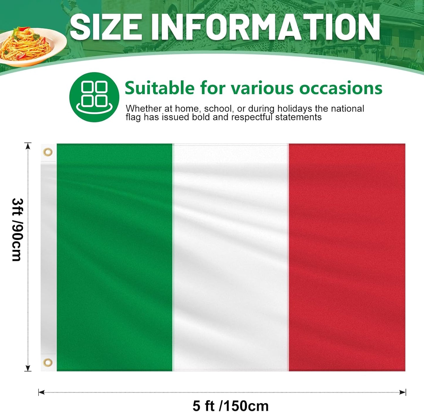 Bandera Italia 3x5ft tela Oxford rayas verdes rojas