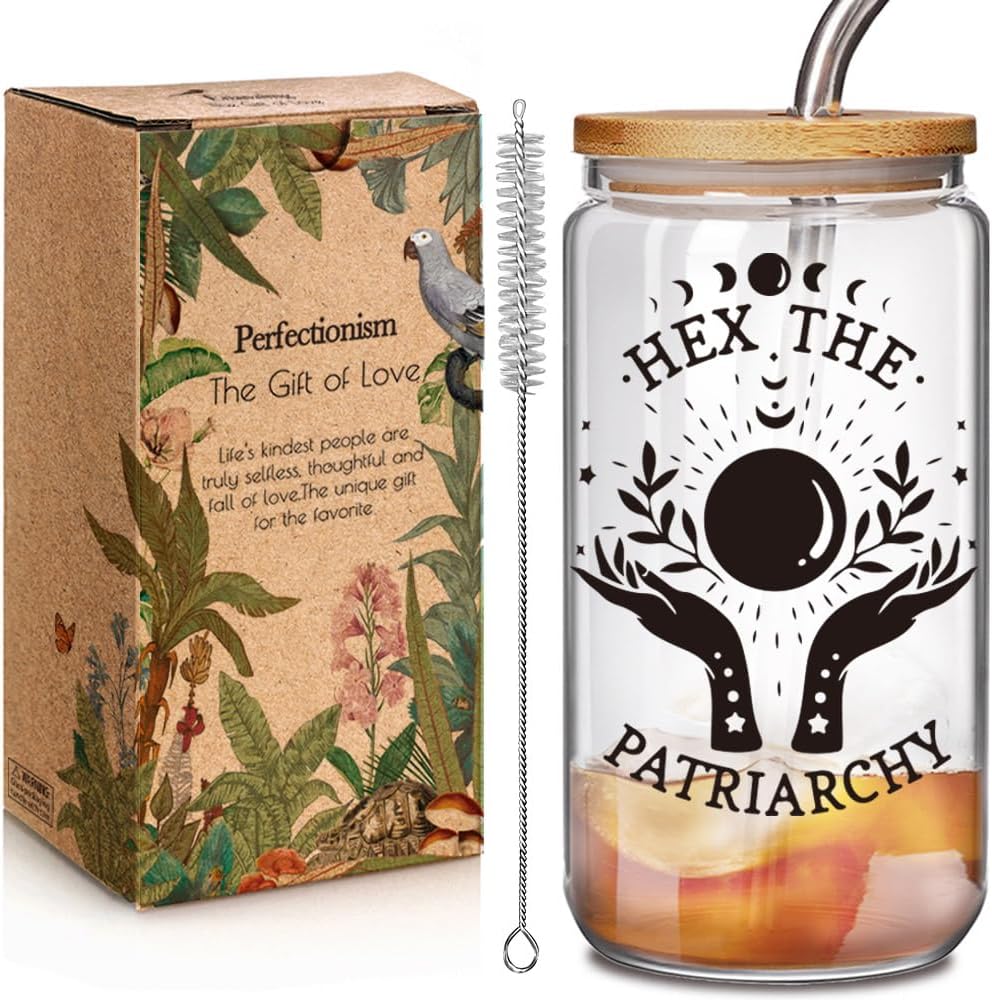 Taza vidrio 16oz con tapas y pajitas regalo feminista