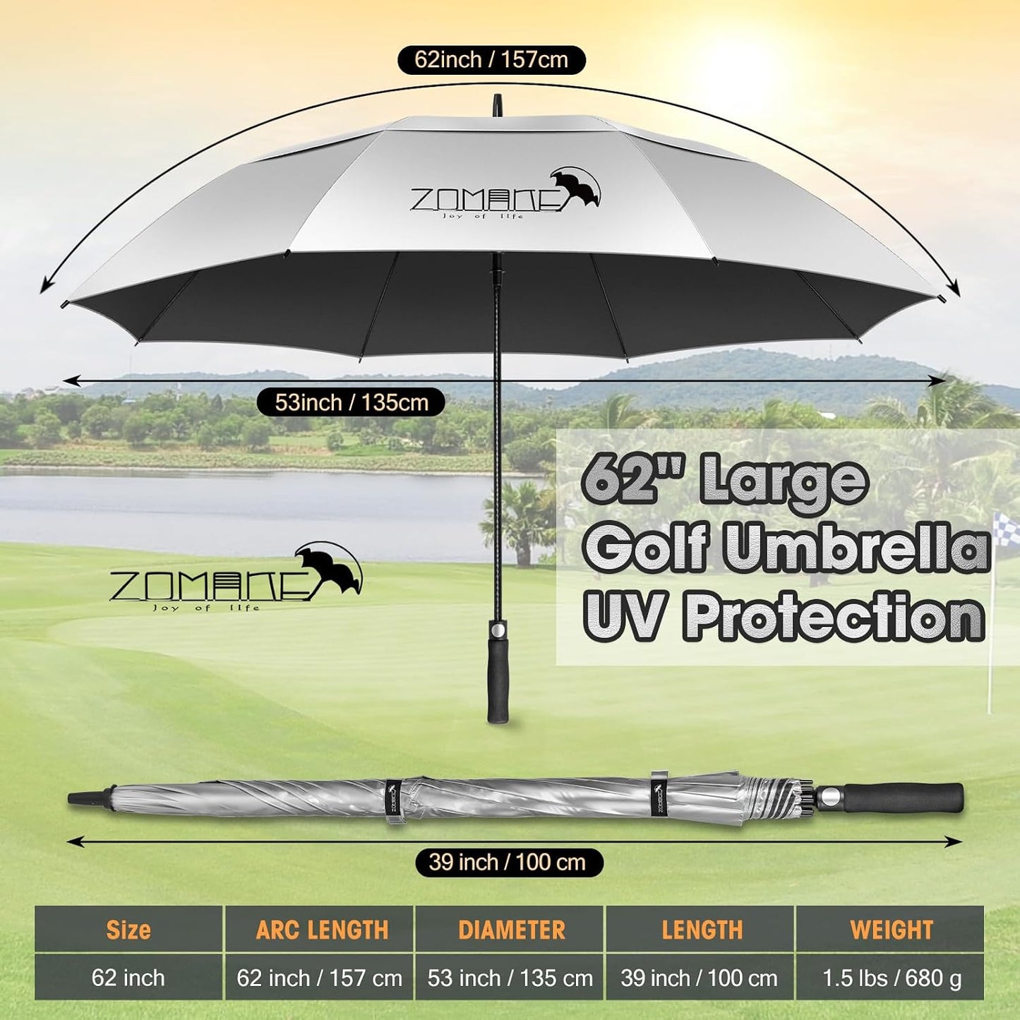 Paraguas golf 62/68" UV doble toldo ventilado