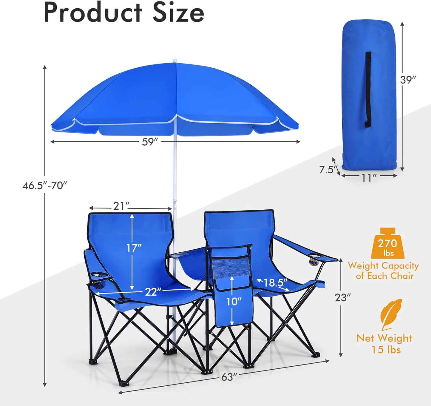 Silla campamento doble plegable con paraguas azul