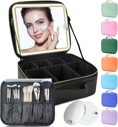 Bolsa maquillaje viaje con espejo led 3 colores negro