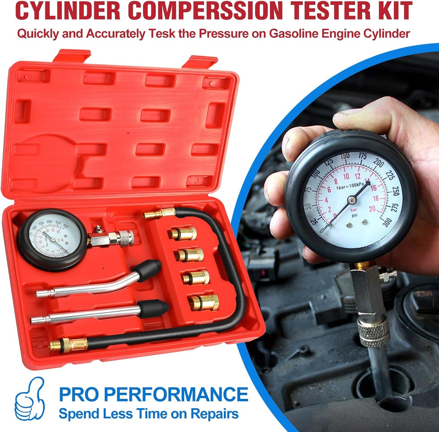 Probador compresión 9 pzas motor auto y moto 300 PSI