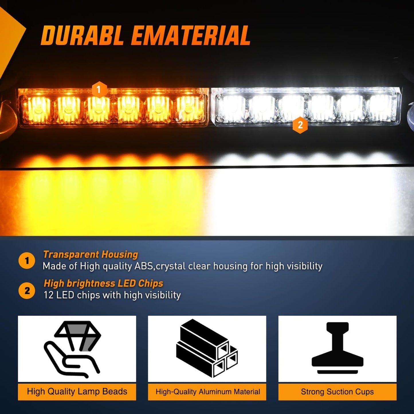 Barra luz estroboscópica 12 LED ámbar blanco para coche