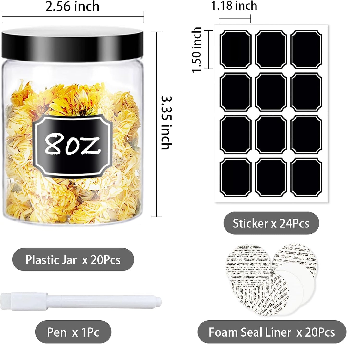 20 Tarros Plástico 8oz Tapas Negras Recipientes Cosméticos