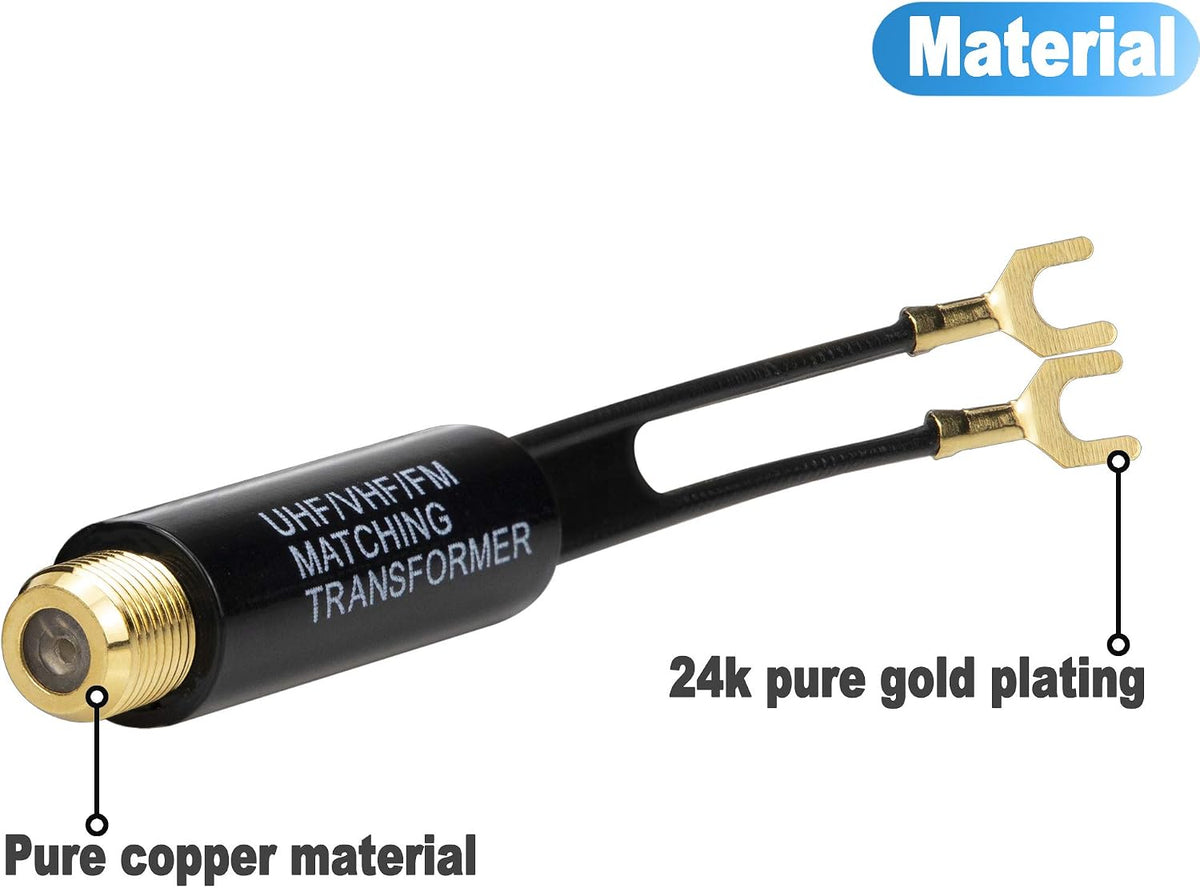 Adaptador 75 Ohm a 300 Ohm con conector F hembra UHF/VHF/FM