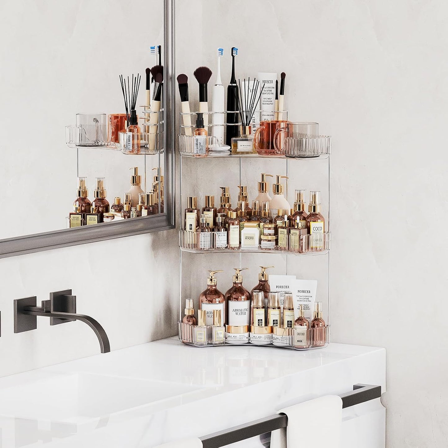 Organiz. esquinero baño 3 niveles soportes cepillos maquillaje