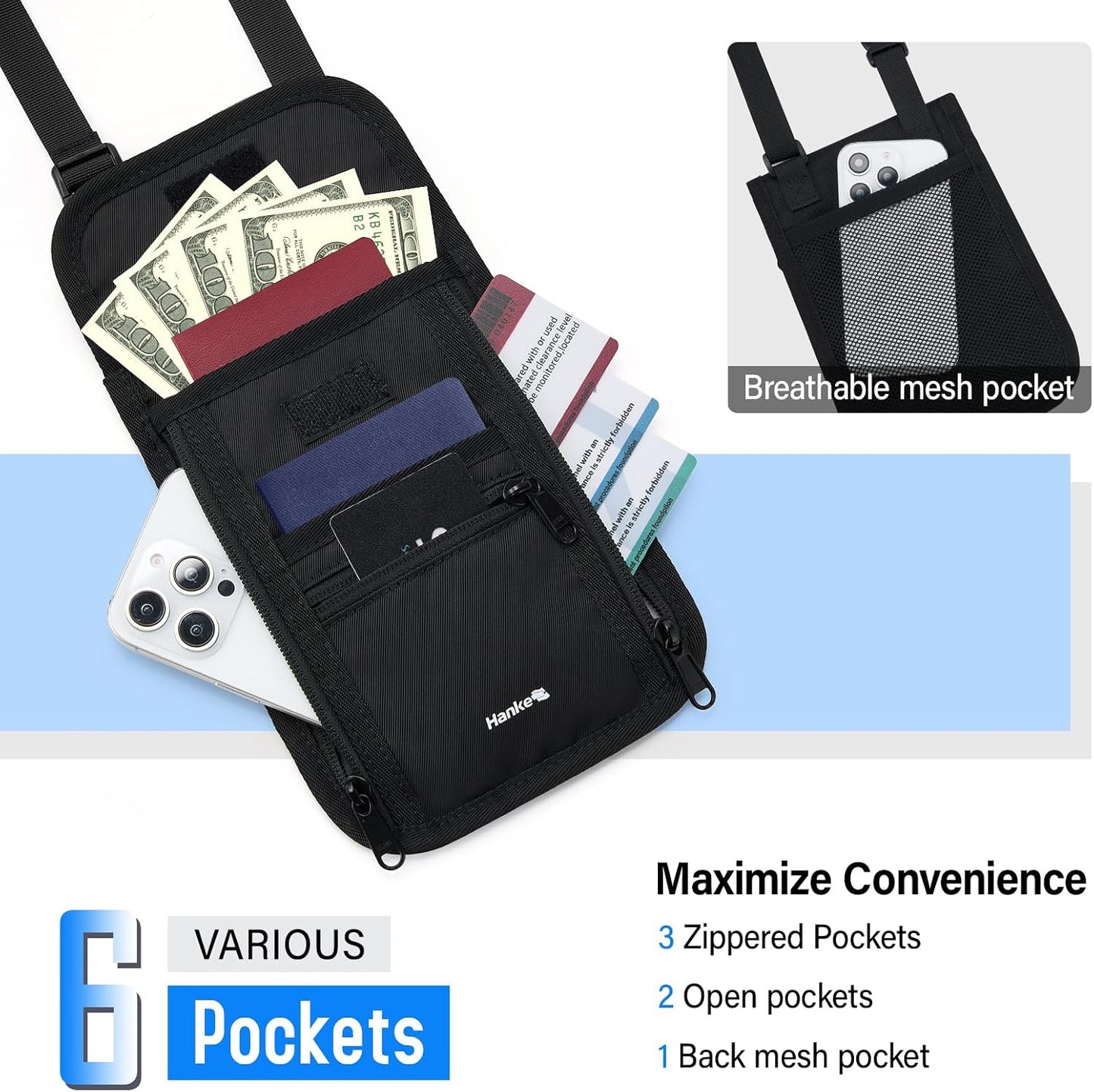 Soporte pasaporte cartera viaje 6 compartimentos negro