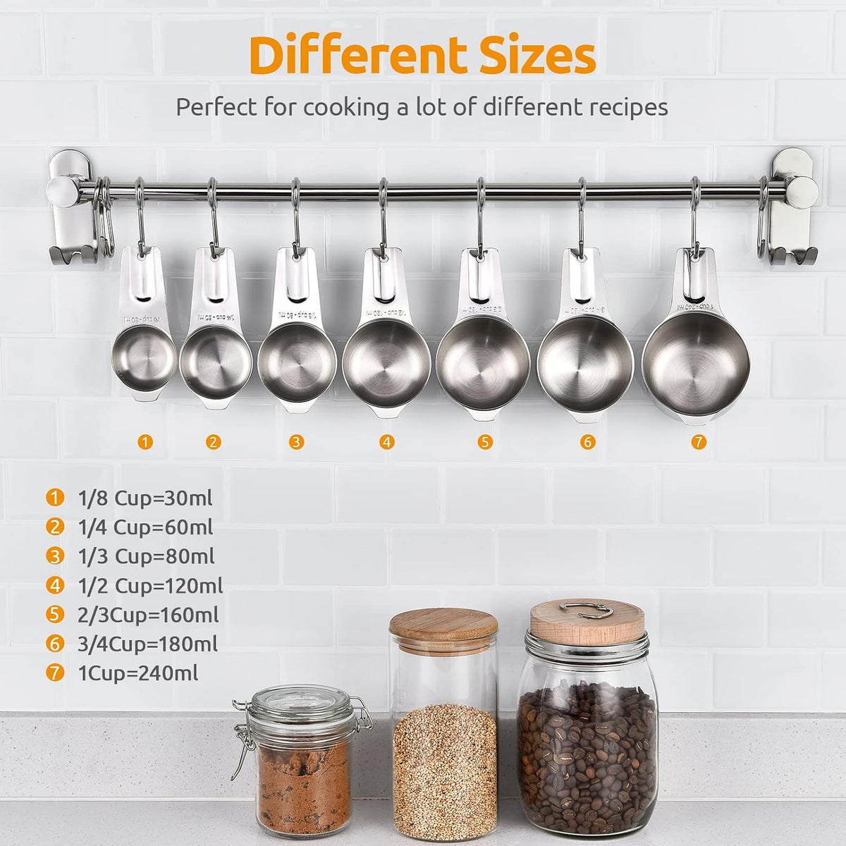 Juego 7 Tazas Medidoras Acero Inox 18/8 Secos y Líquidos