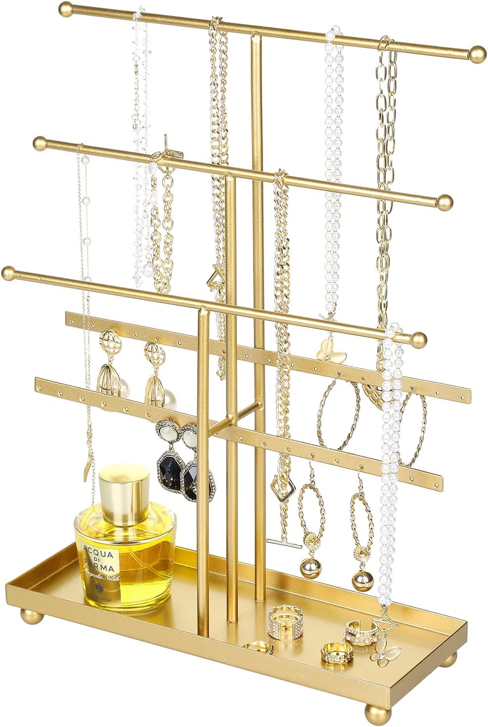 Soporte joyas metal dorado 5 niveles ganchos anillos