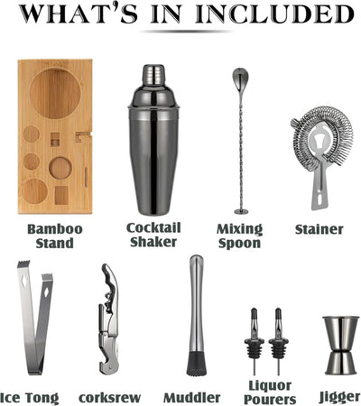 Juego coctelera acero inox 10 pzas soporte bambú