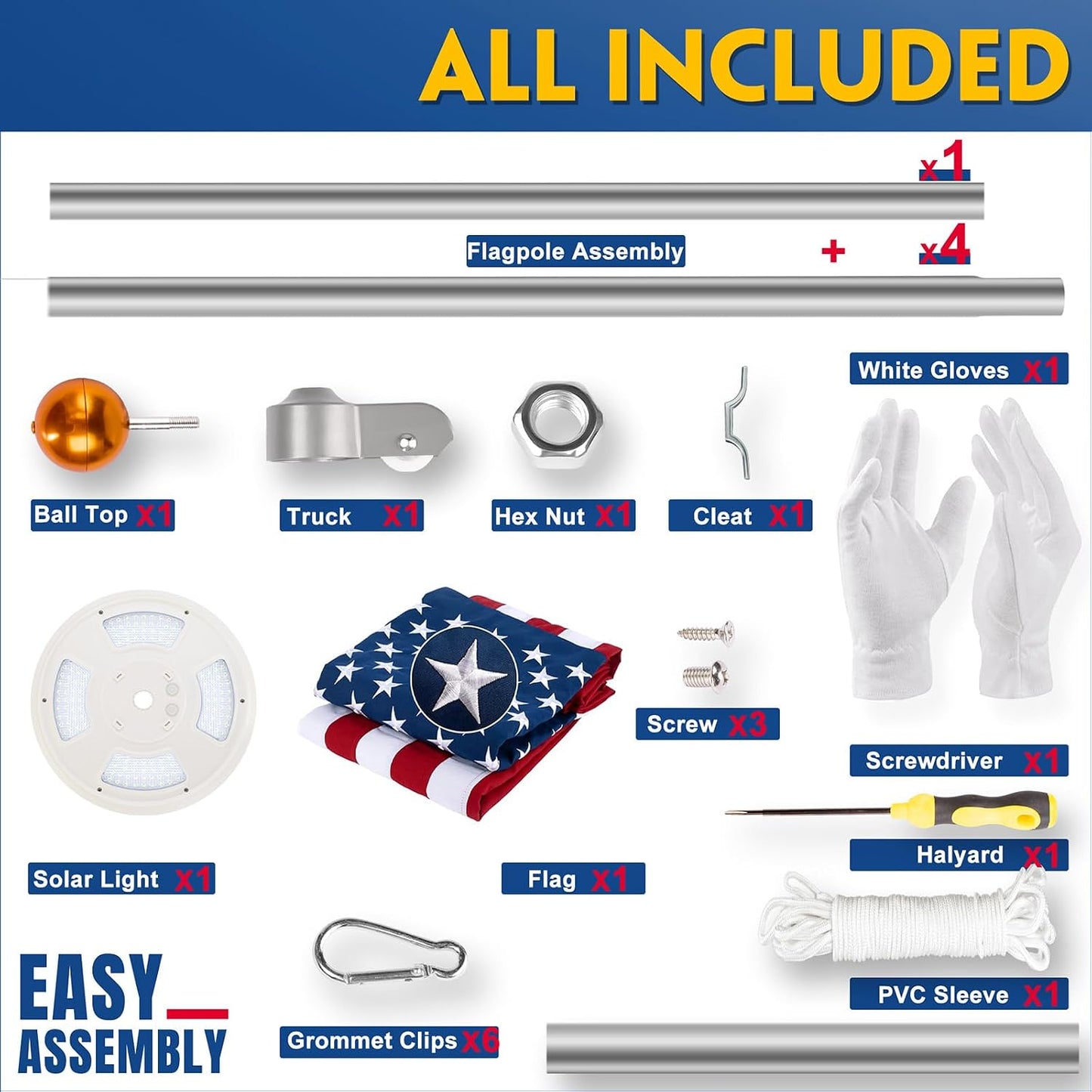 Kit asta bandera plateada 25ft con bandera 3x5ft y luz solar