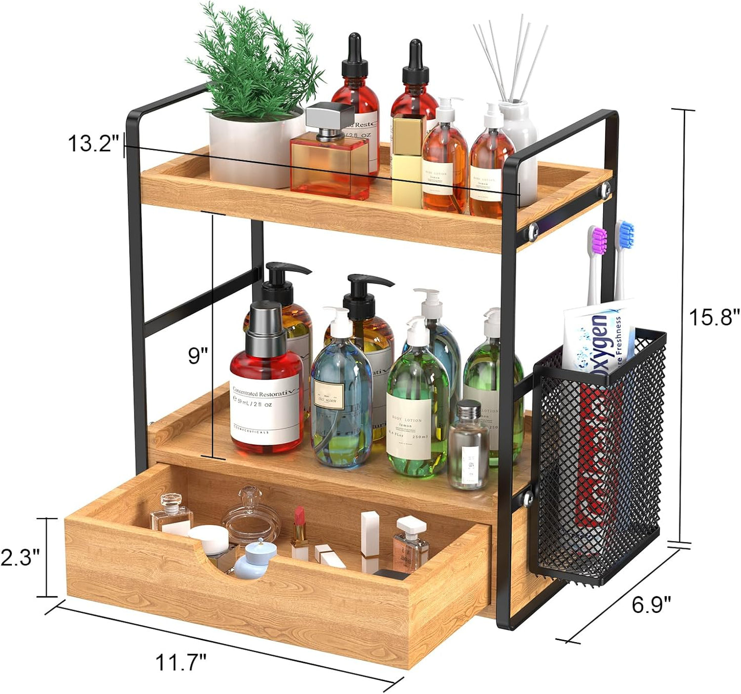 Organiz. encimera baño madera con cajón y cesta