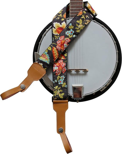 Correa banjo cuero genuino con taquilla floral rústica