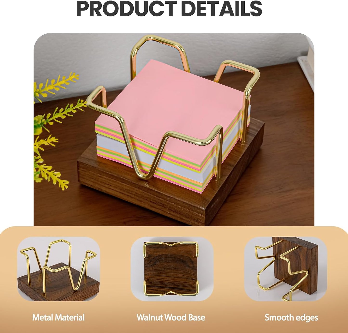 Soporte notas adhesivas madera nogal 3x3pulg dorado