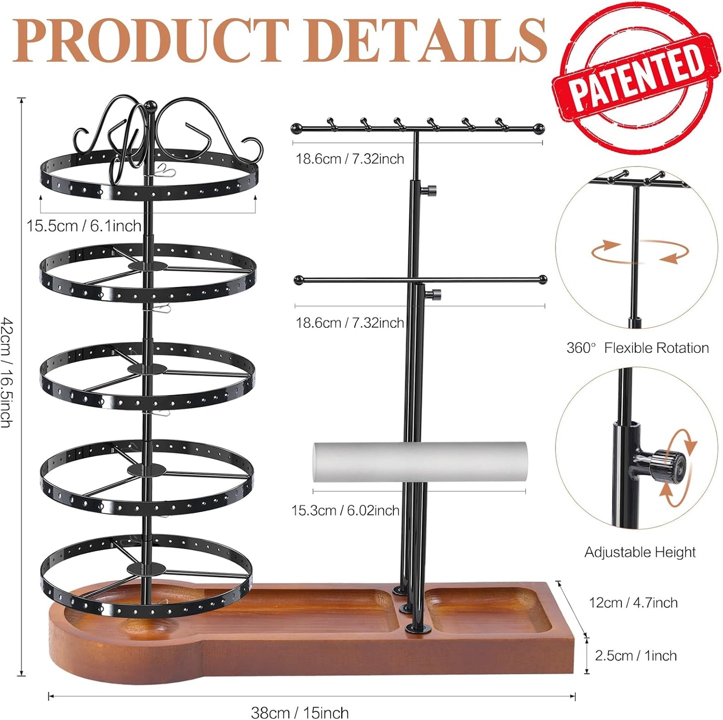 Soporte giratorio aretes y joyas 5 niveles madera
