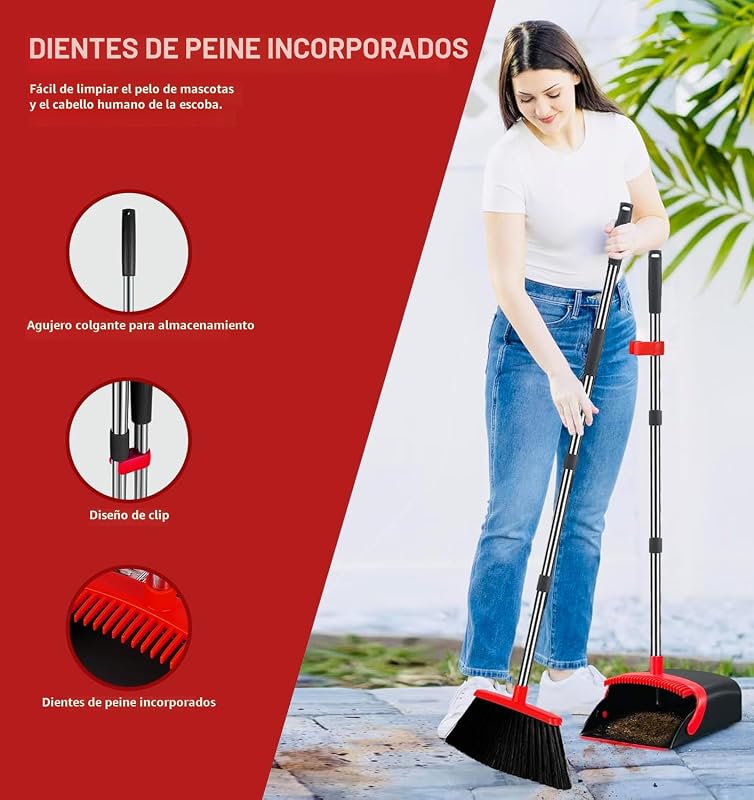 Set 2 escobas recogedor 52pulg autolimpieza oficina casa rojo