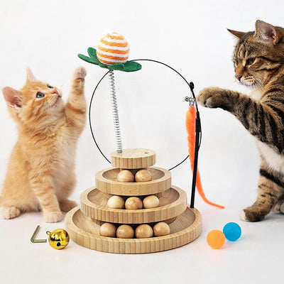 Pista bolas gato 3 niveles 9 bolas madera varita gusano