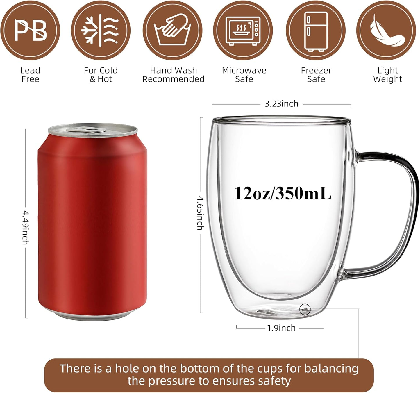 Tazas café vidrio doble pared 12oz set 4 con asa