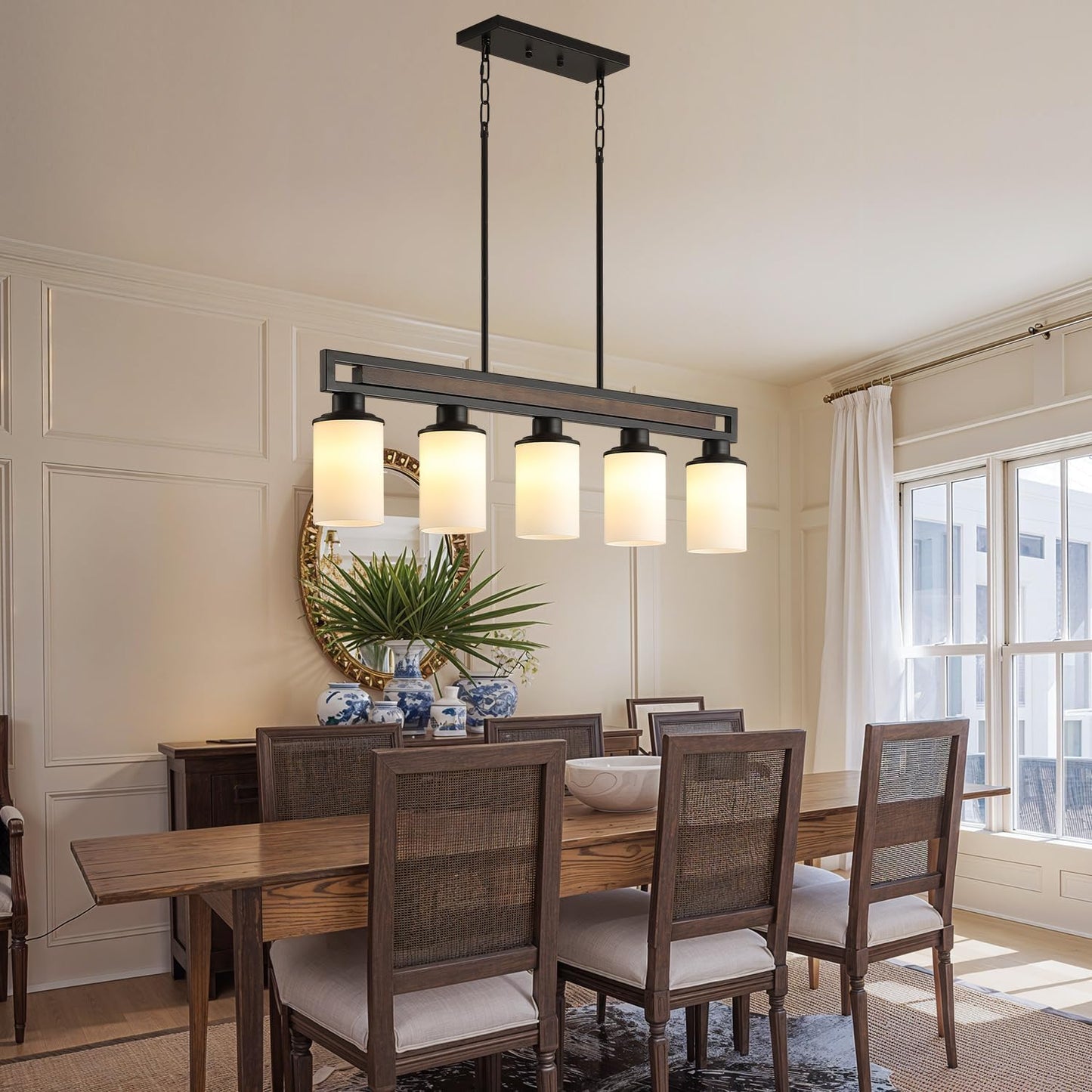 Lámpara colgante ajustable 5 luces madera negra para comedor