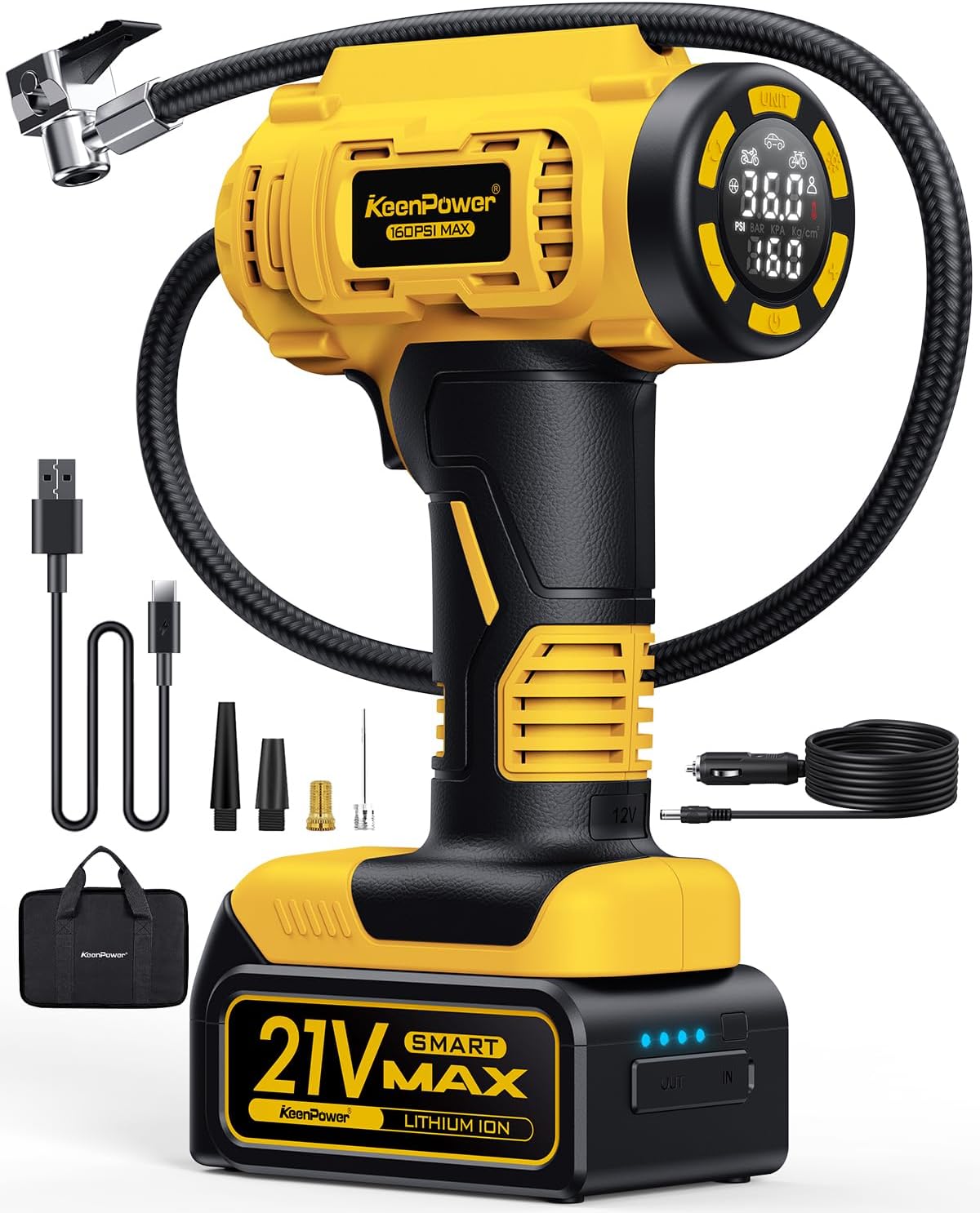 Inflador neumáticos inalámbrico 160psi con batería 21v