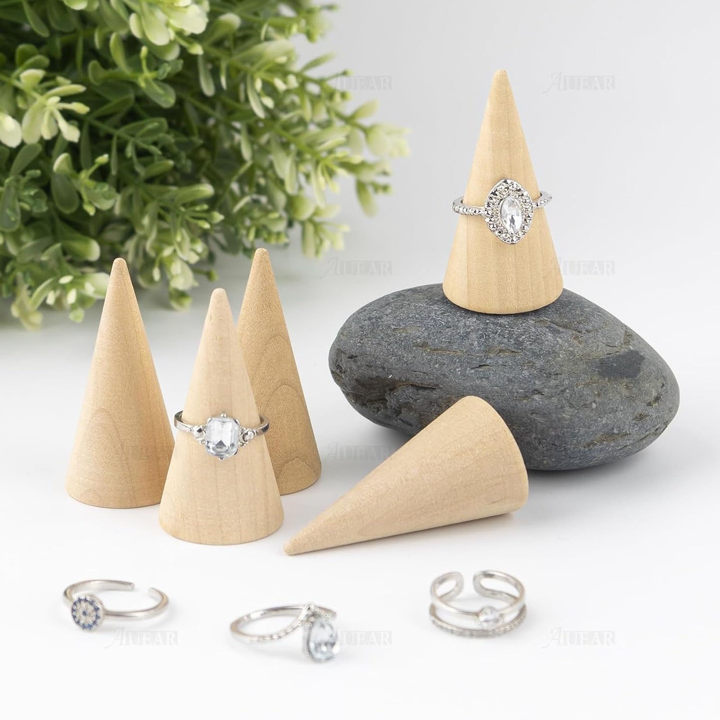 10 Soportes Anillos Madera Forma Cono Joyería Vertical
