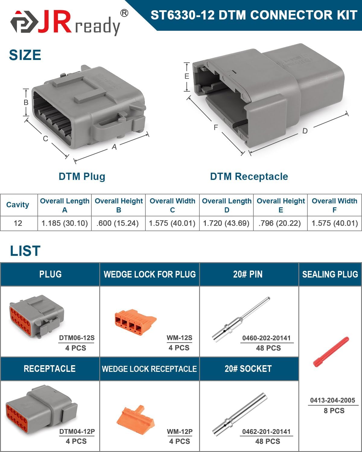 Conector DTM 12 pines 4 kits 20-22AWG impermeable coche