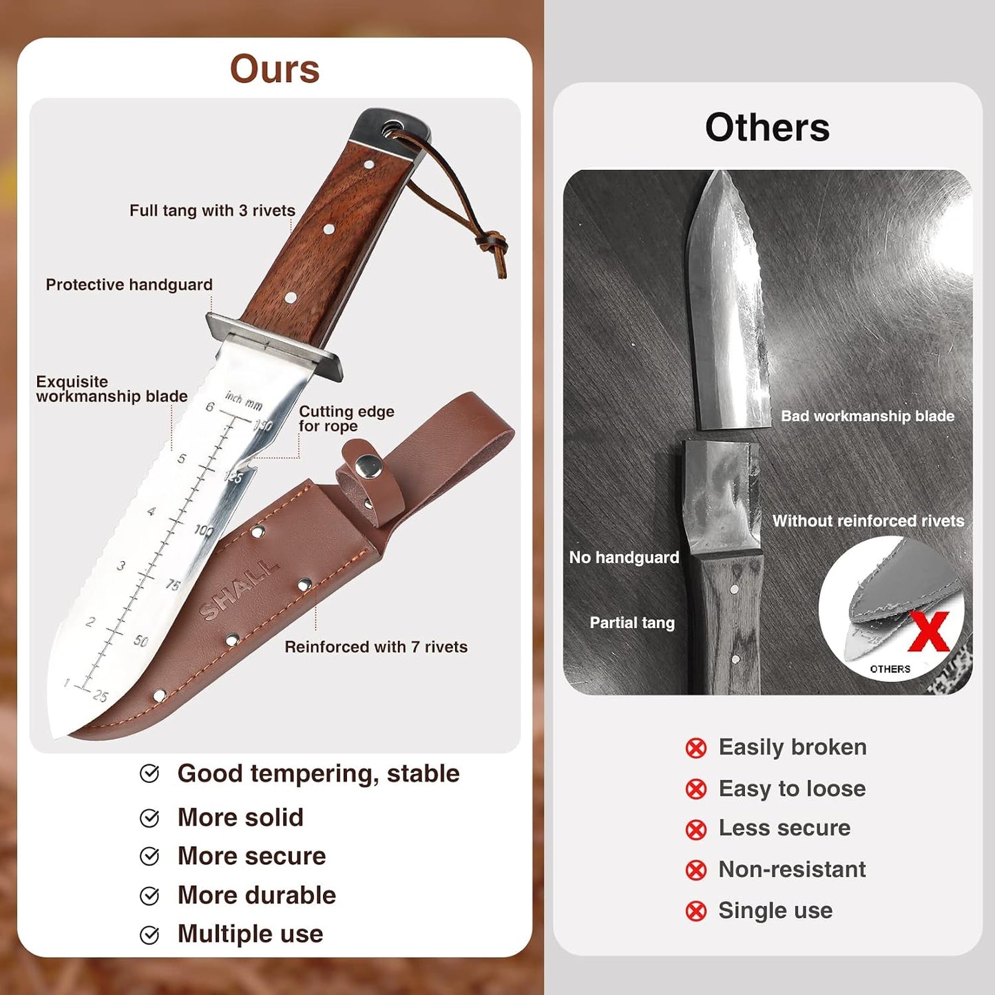 Cuchillo jardín acero inox 7pulg funda cuero mango palisandro