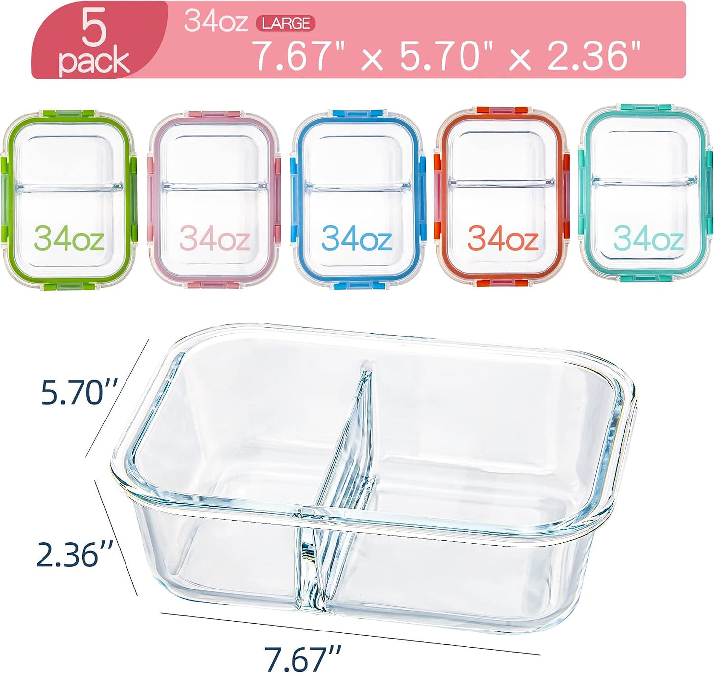 Contenedores vidrio 2 compartimentos tapas set 5 34oz