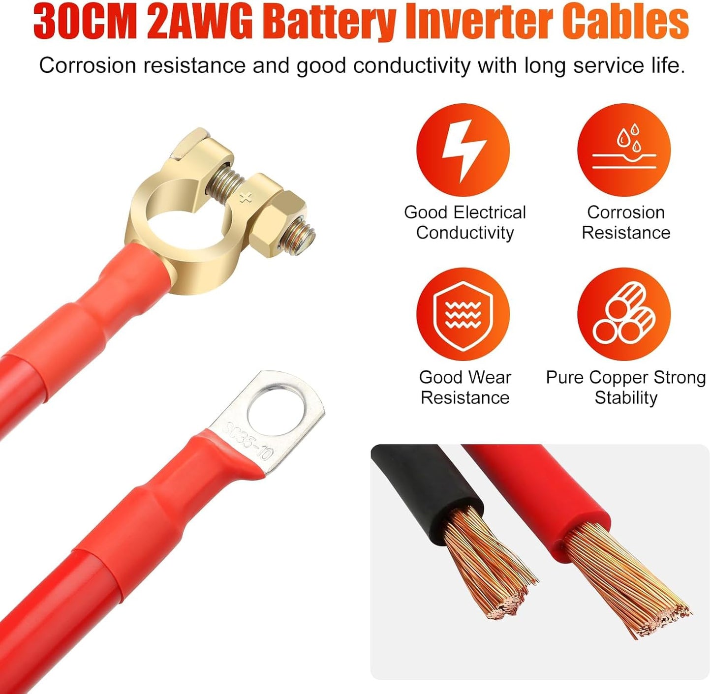 2 Pzas Cables Batería 2AWG 12" Conectores 3/8" Solares