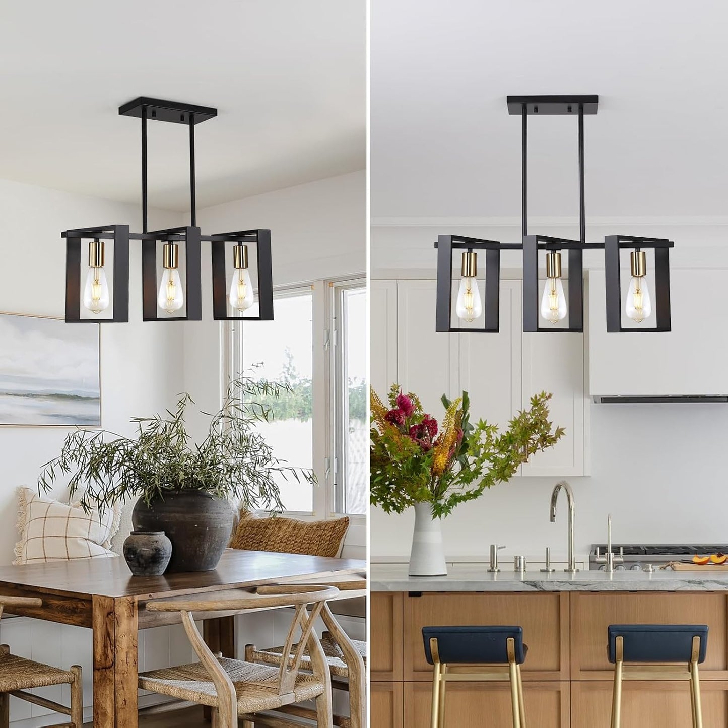 Lámpara colgante isla cocina 3 luces marco negro