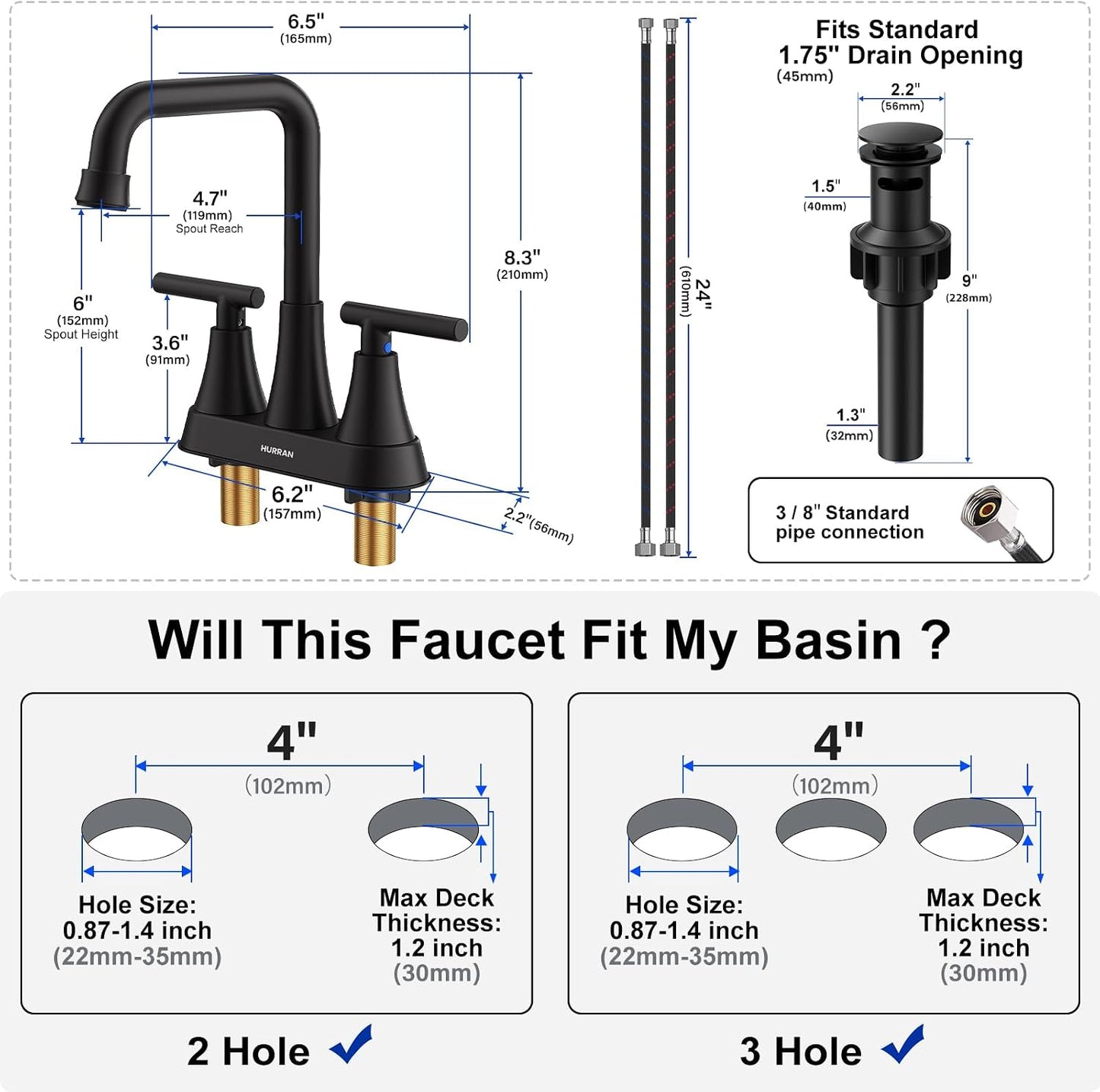 Grifo baño negro mate 4pulg 3 agujeros boquilla giratoria