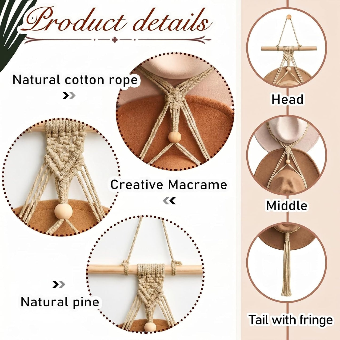 Perchas macramé para sombrero bohemio puerta beige