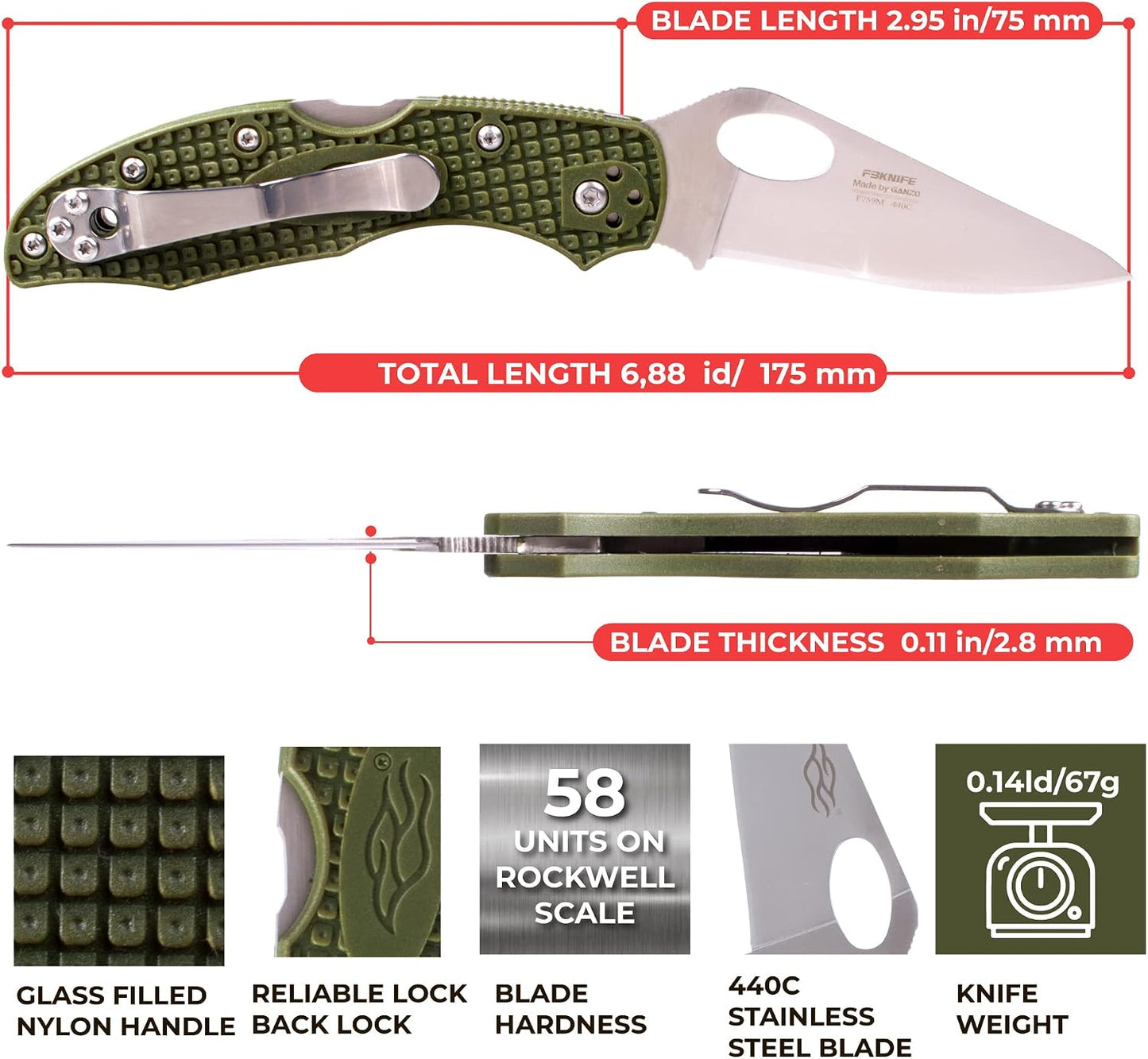 Cuchillo plegable 440C acero inox serrucho antiderrap