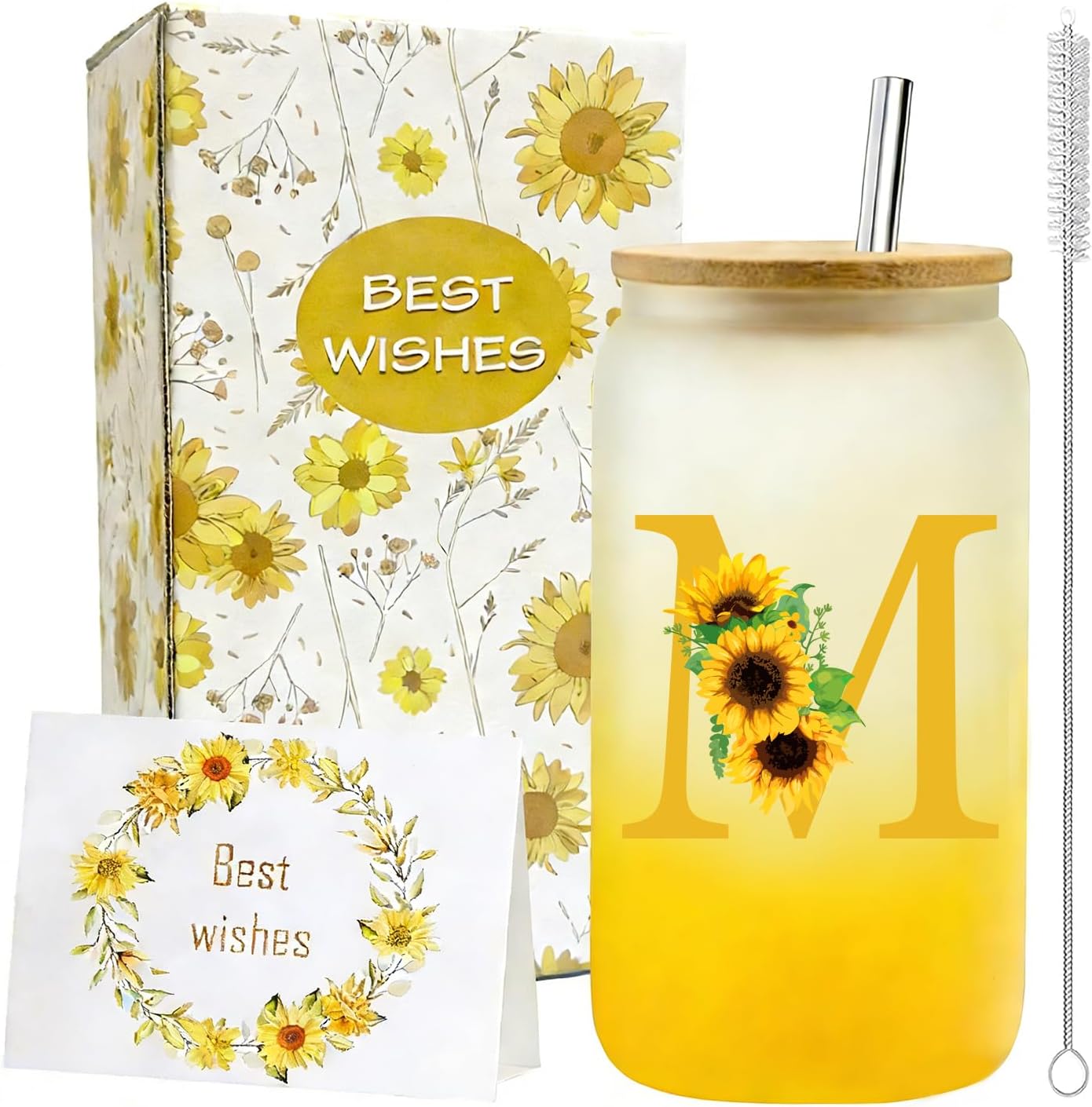 Vaso cristal inicial con tapa y pajilla 16oz regalo cumpleaños