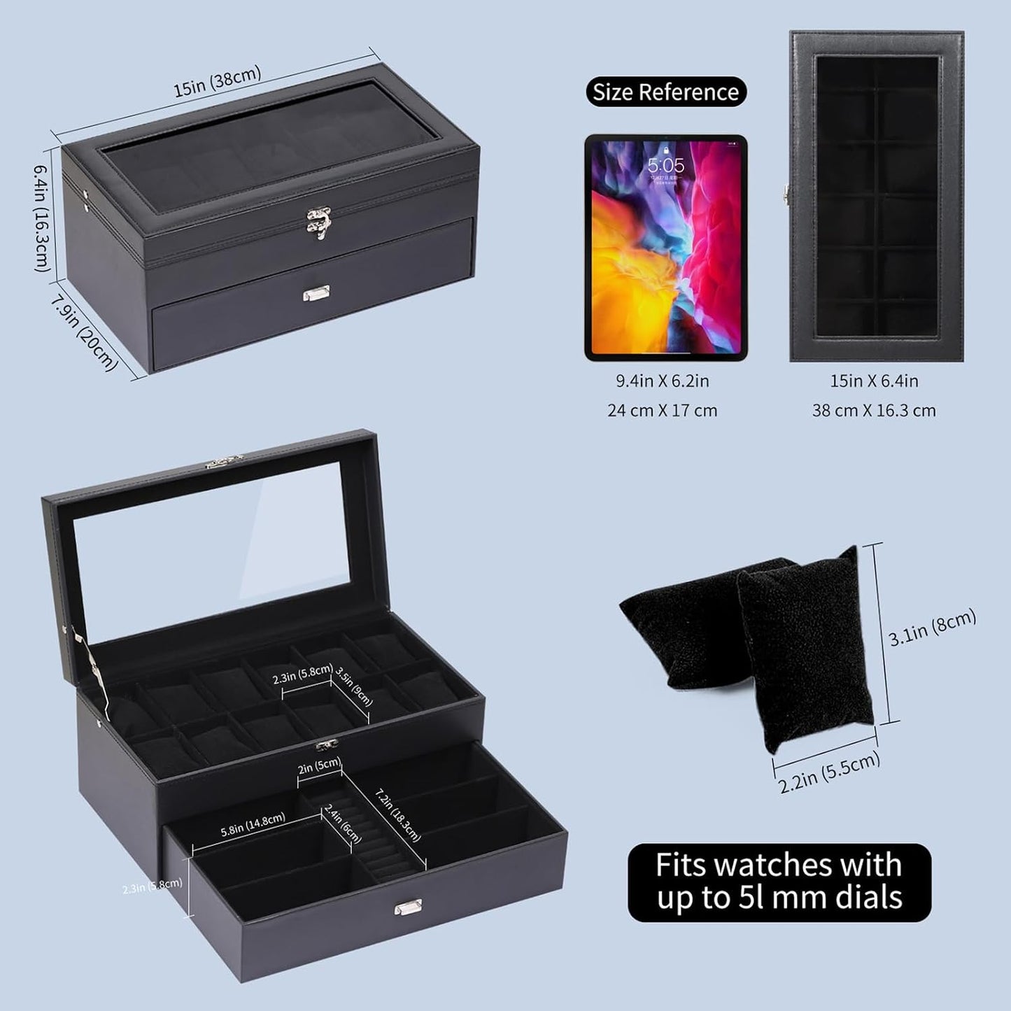 Caja relojes cuero 12 compartimentos 6 gafas 2 capas cajón