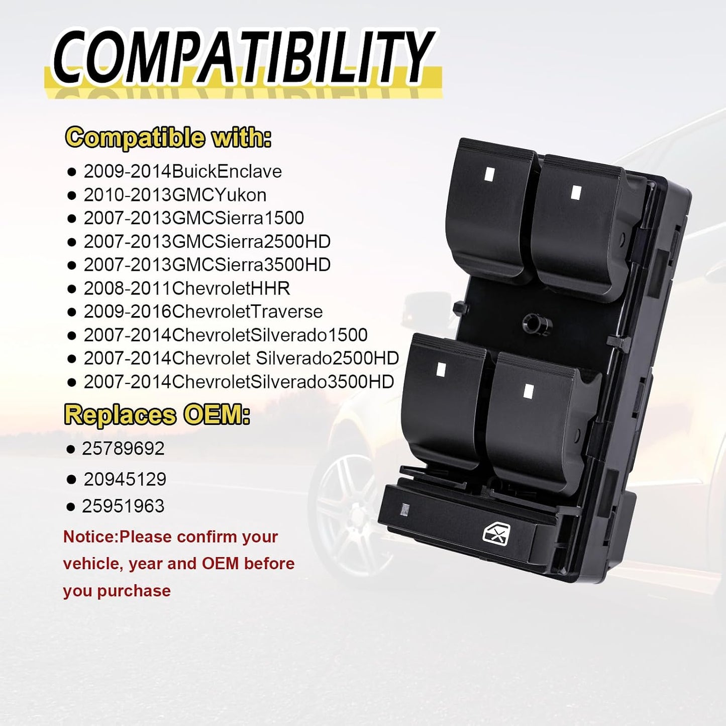 Interruptor elevalunas eléctrico comp GMC Acadia 07-16