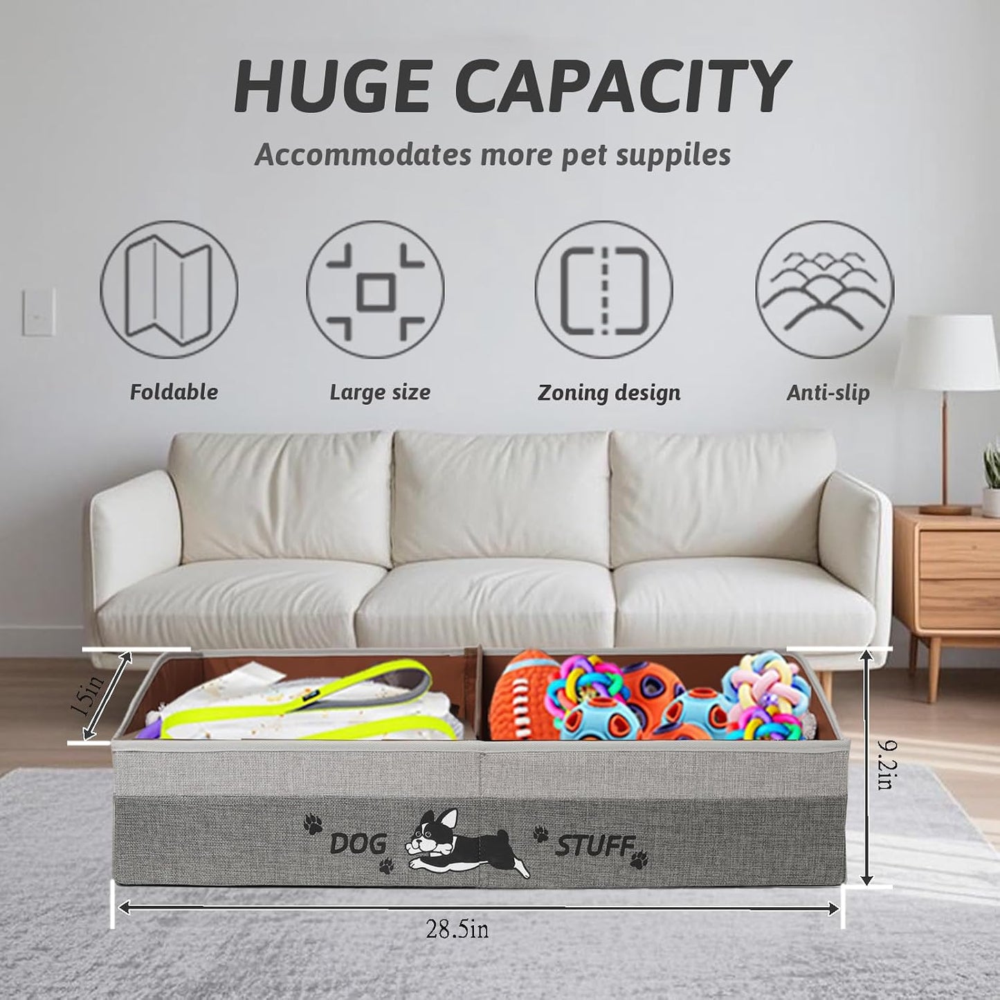 Cesta plegable para juguetes perros con asas gris café