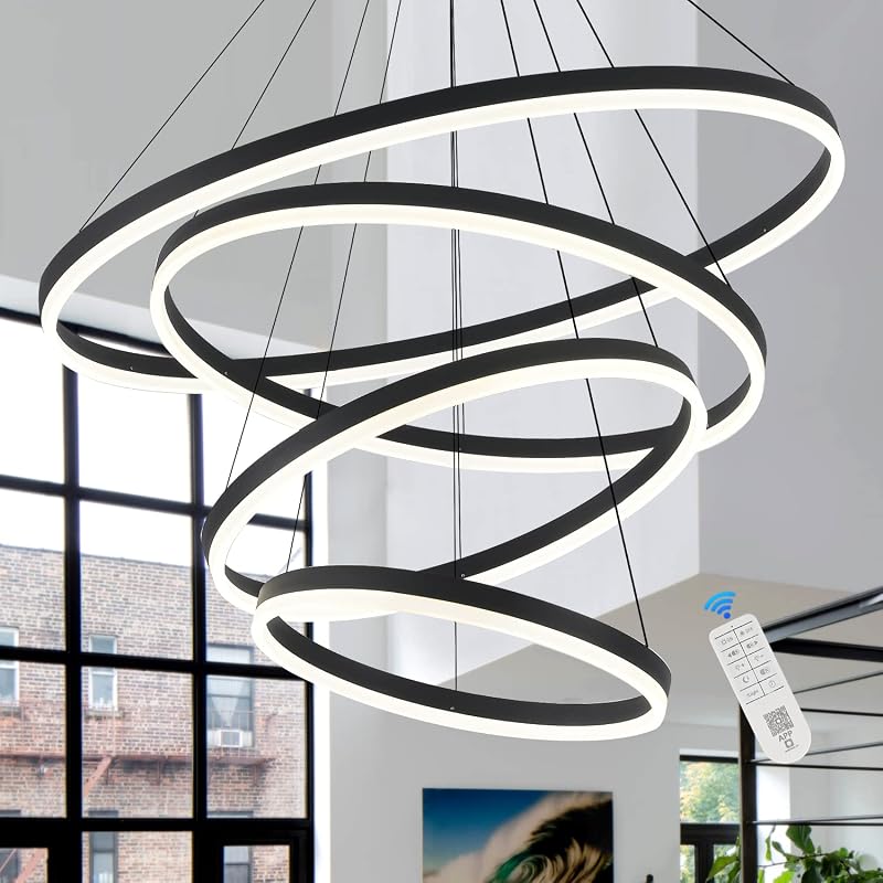 Candelabro LED 4 anillos negro sala control remoto