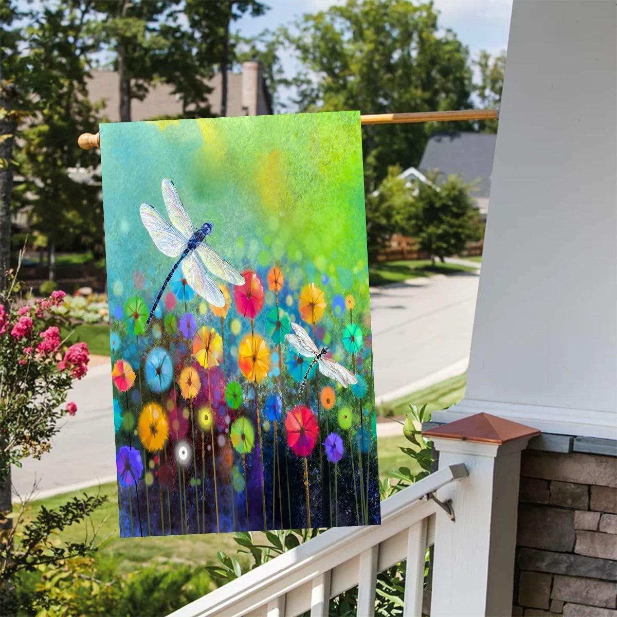 Bandera jardín flores verano libélula 12x18" doble cara