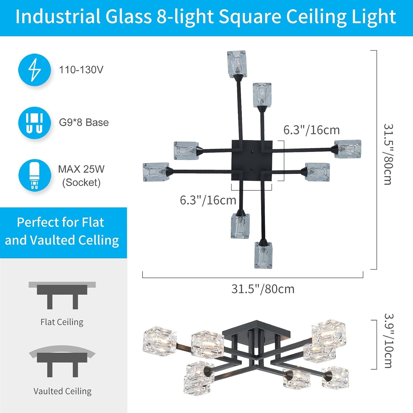 Candelabro Sputnik negro 8 luces cristal para comedor y sala