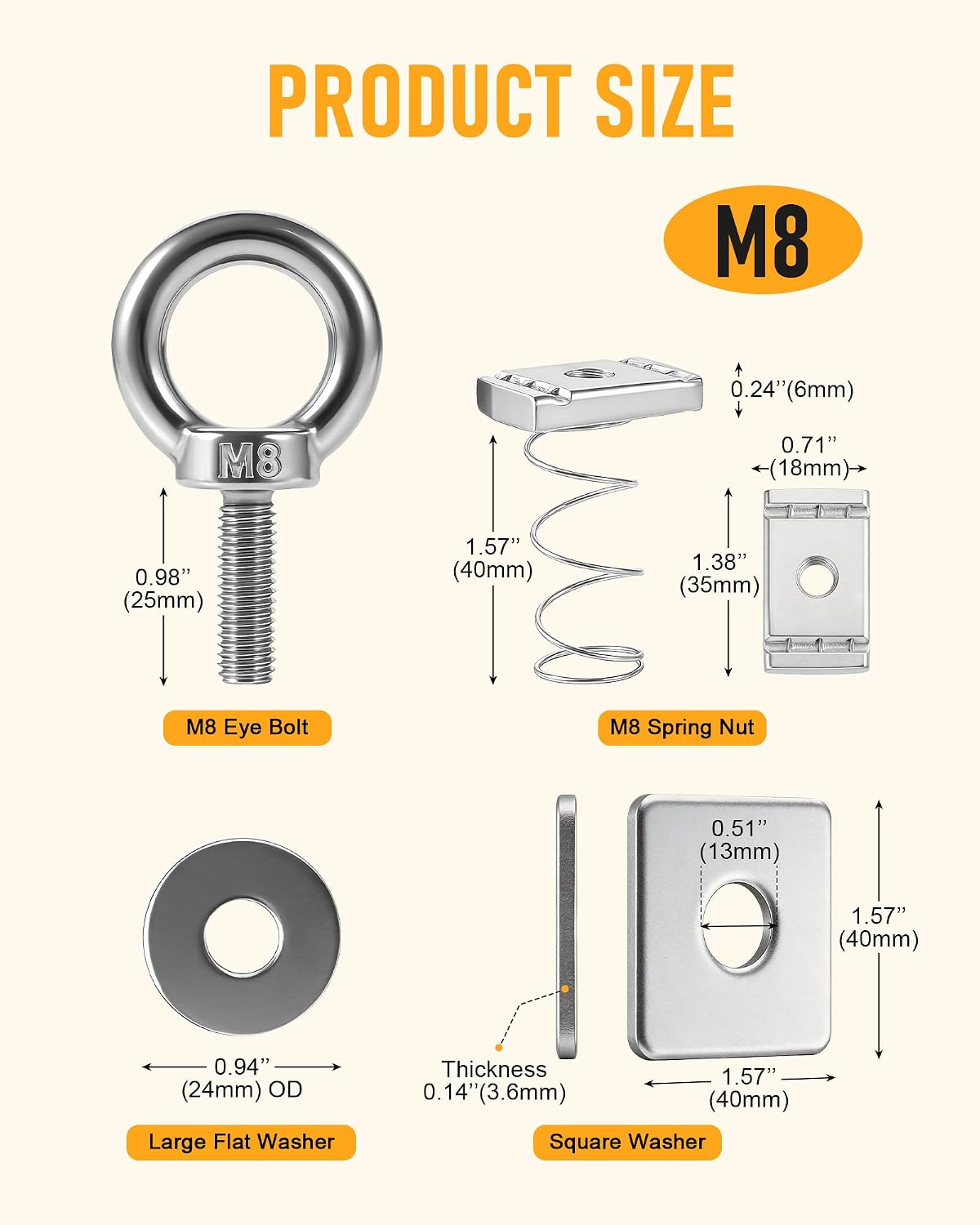 Set 4 Tuercas Resorte M8 M10 Acero Inox Perno Ojo