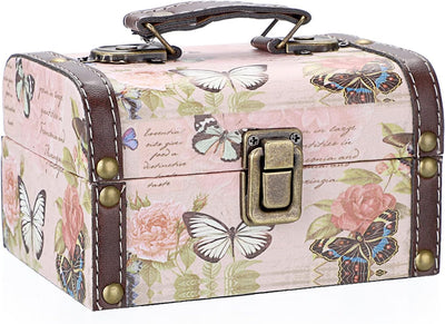 Caja decorativa madera cuero patrón mariposa para joyas