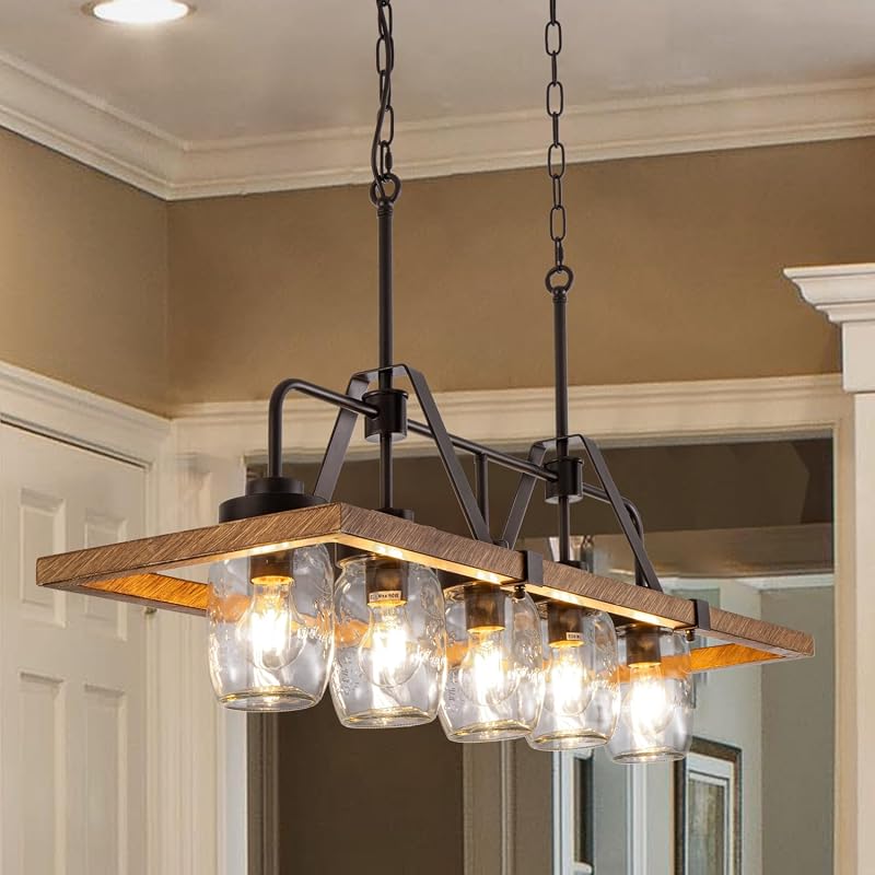 Lámpara colgante 5 luces madera para sala comedor