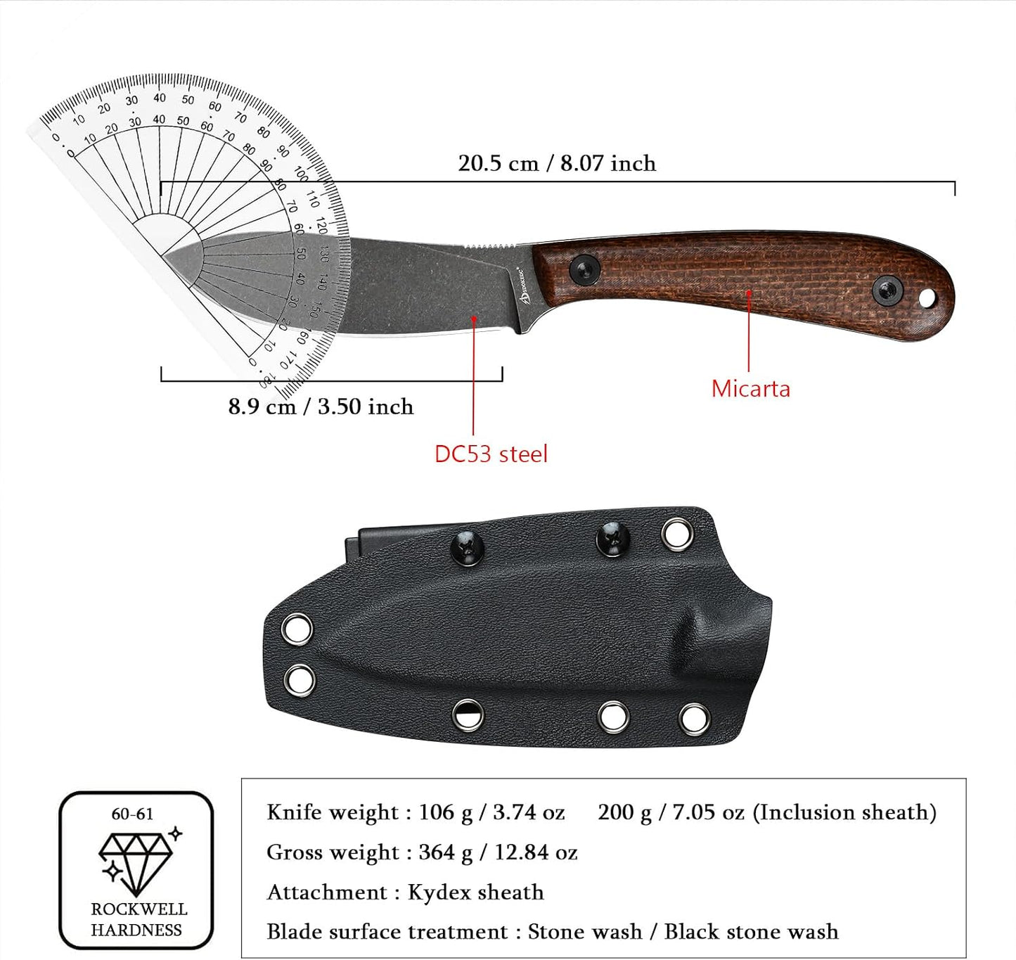 Cuchillo táctico DC53 acero micarta funda kydex EDC camping