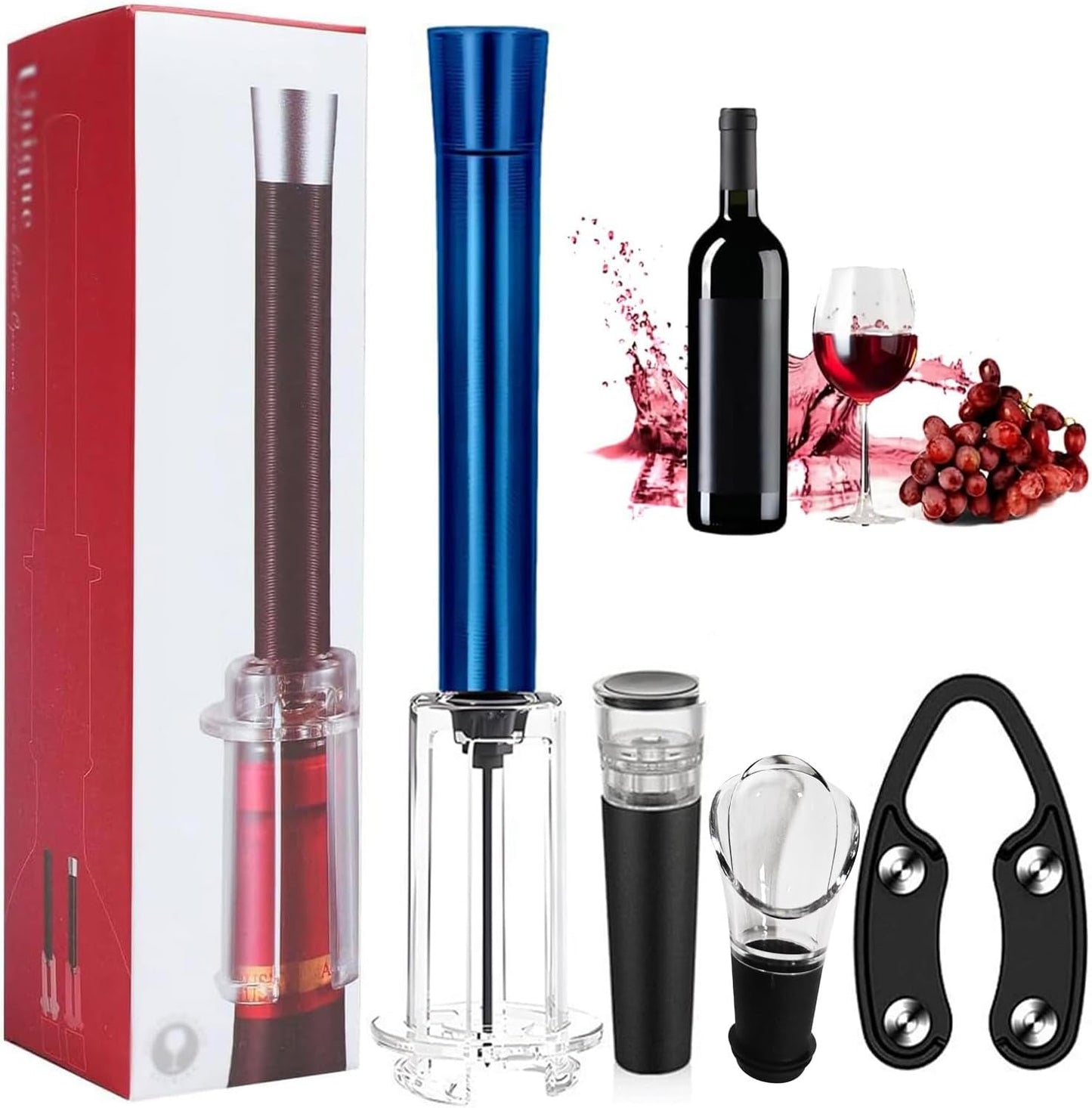 Juego Wino On the Go 4 en 1 con bomba de aire, vertedor, cortador de aluminio y tapón de vacío