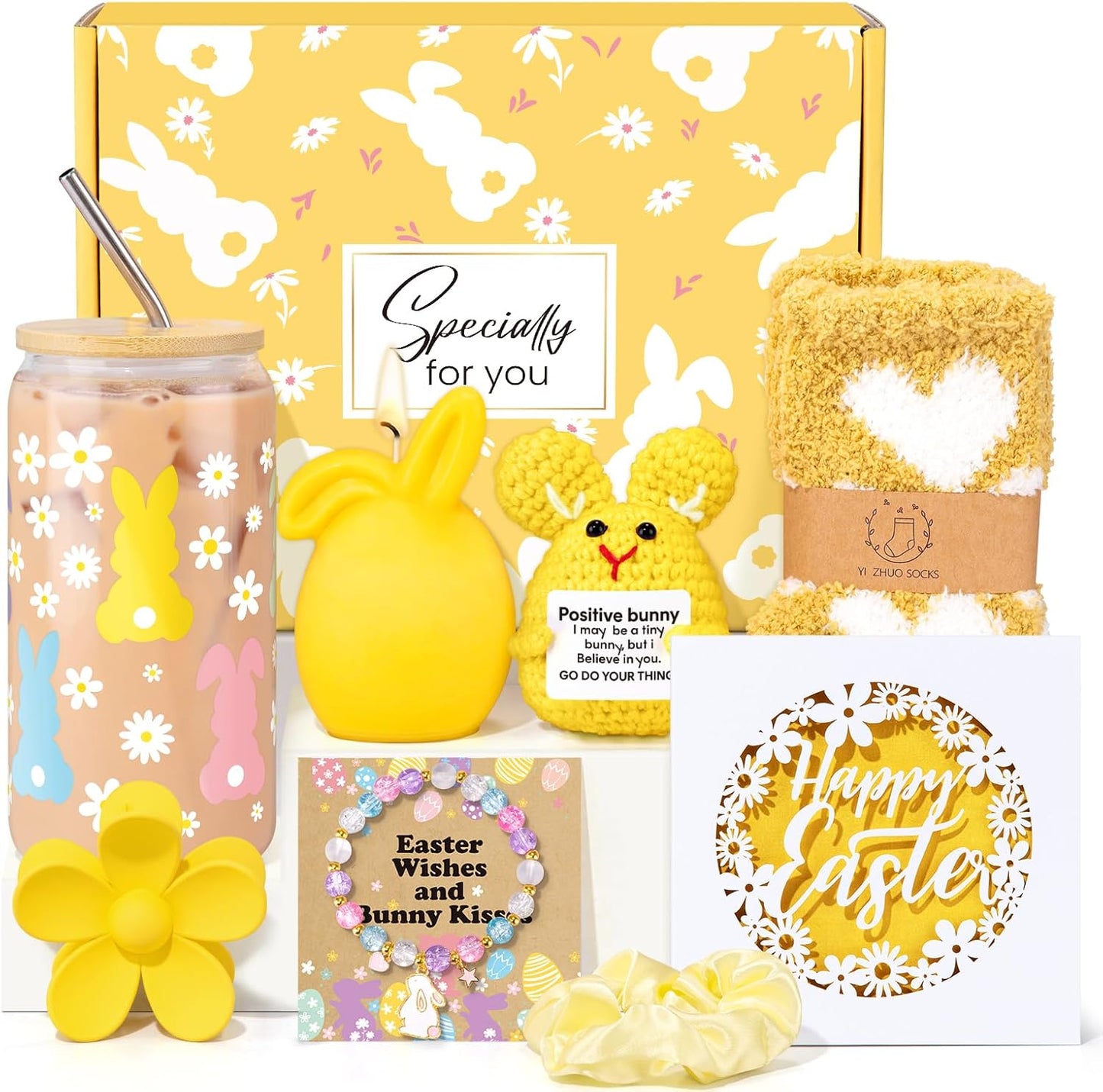 Cesta de Pascua para mujer y adolescente con taza de conejo de vidrio y velas